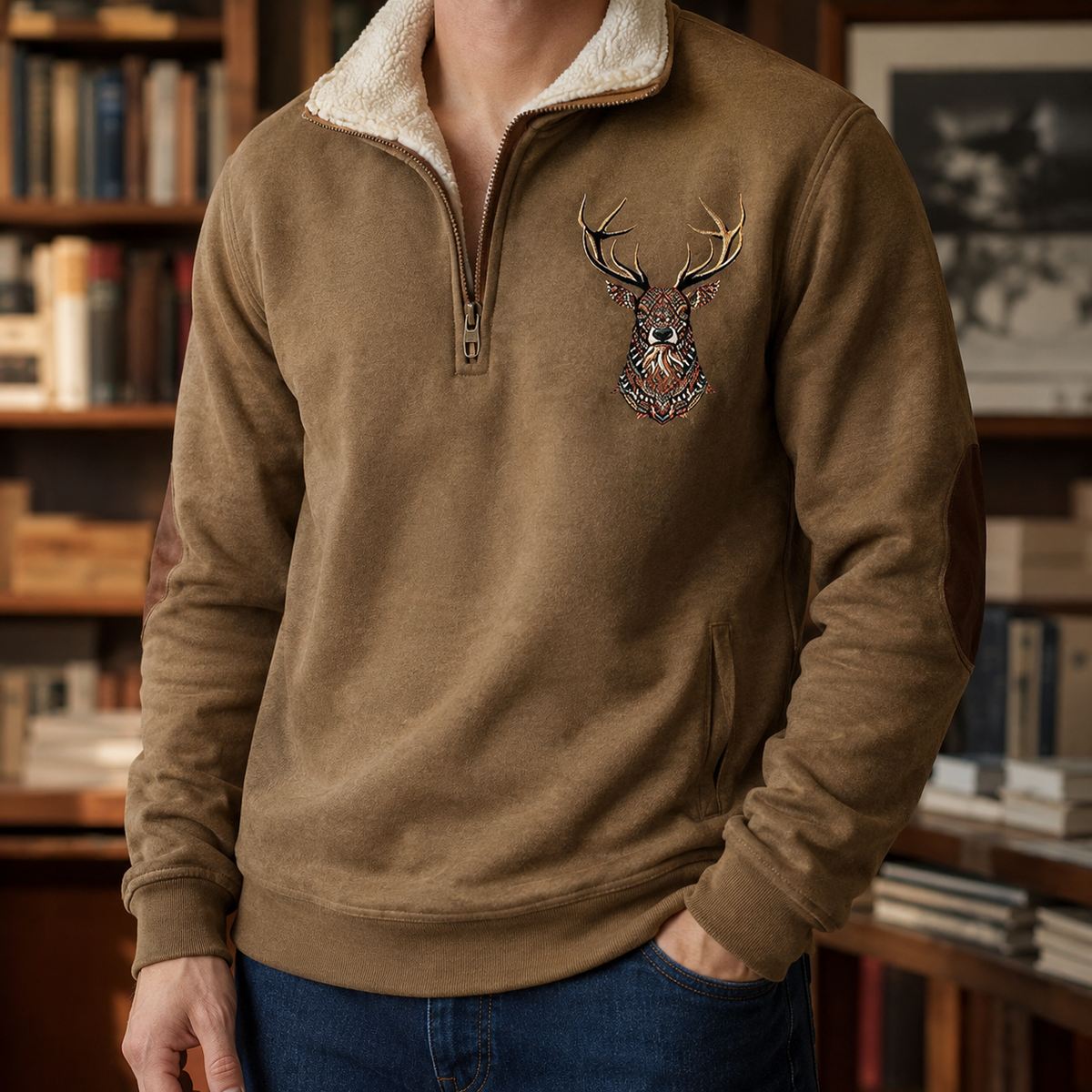 Dorvelli | Men's Quarter Zip Jumper – Stag Motif Knit