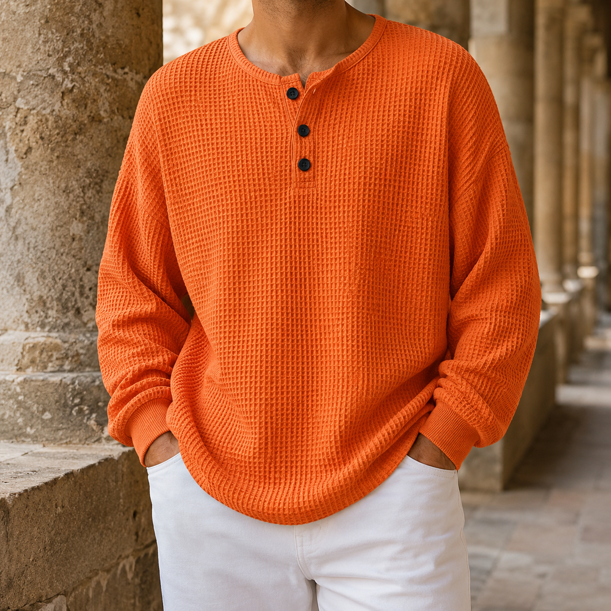 Dorvelli | Men's Henley Jumper – Waffle Knit Placket