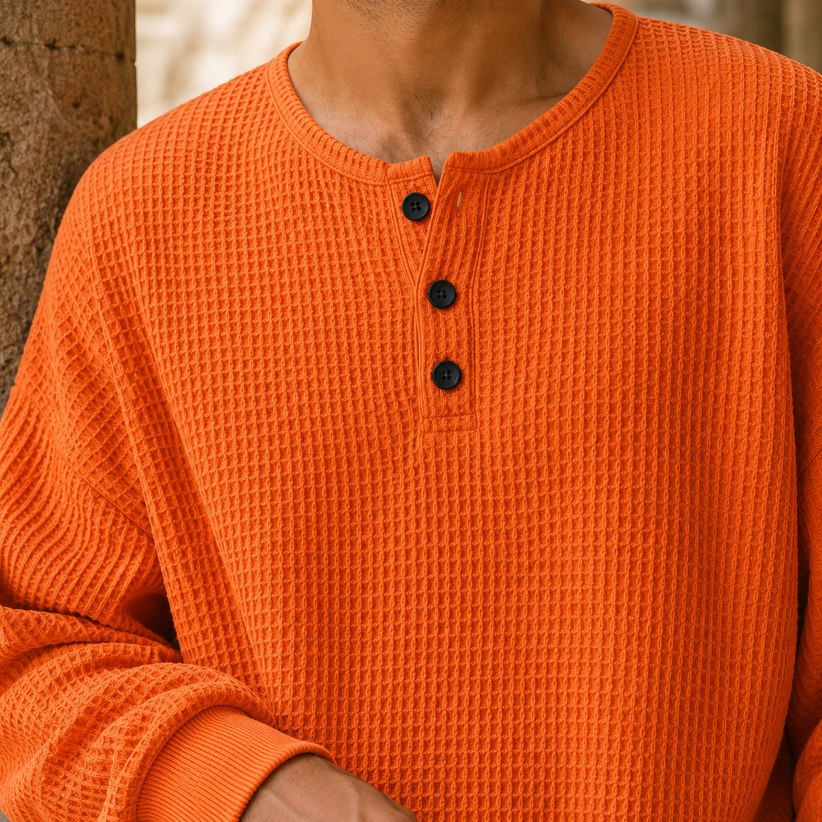 Dorvelli | Men's Henley Jumper – Waffle Knit Placket
