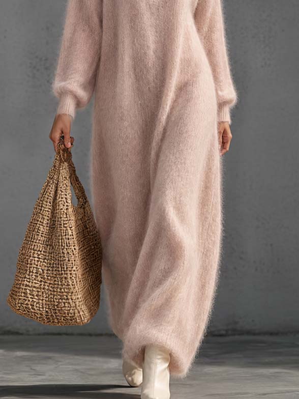 Ines Knit Maxi Jumper Dress – Plunge V-Neck Balloon Sleeve - Blush Pink