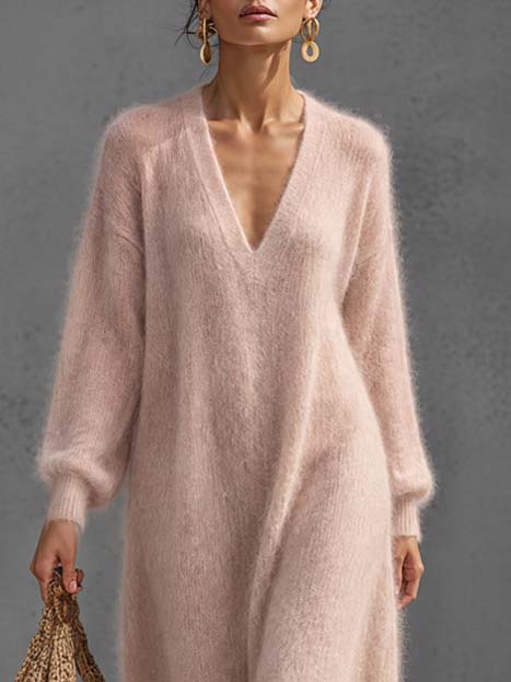Ines Knit Maxi Jumper Dress – Plunge V-Neck Balloon Sleeve - Blush Pink