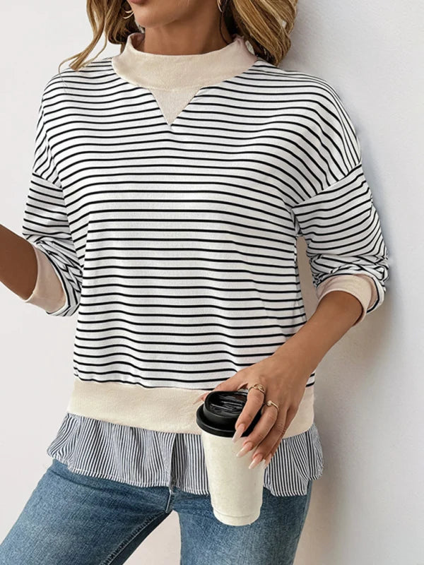 Iona Striped Mock Neck Faux-Layered Hem Jumper – Regular Fit Knit Pullover | Dorvelli