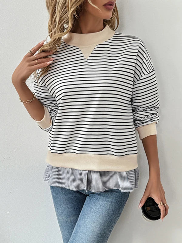 Iona Striped Mock Neck Faux-Layered Hem Jumper – Regular Fit Knit Pullover | Dorvelli