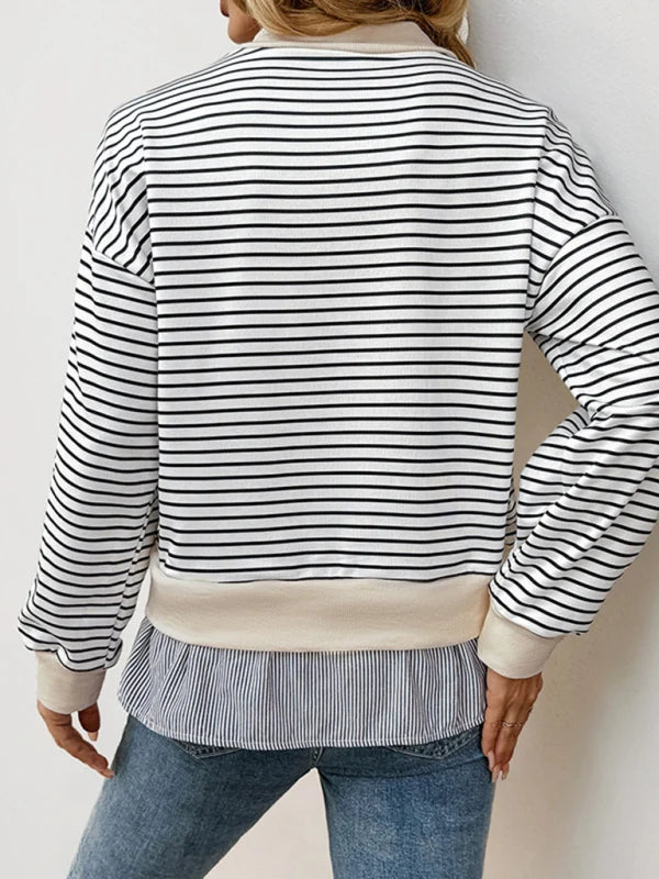 Iona Striped Mock Neck Faux-Layered Hem Jumper – Regular Fit Knit Pullover | Dorvelli
