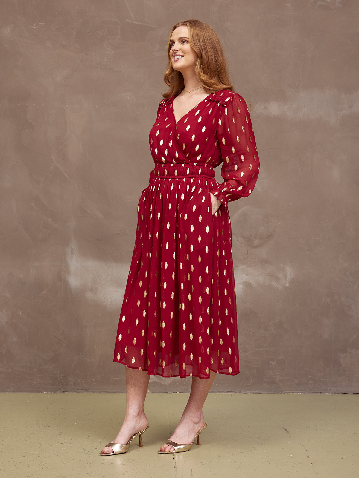 Isadora Wrap Front Jacquard Midi Dress Burgundy