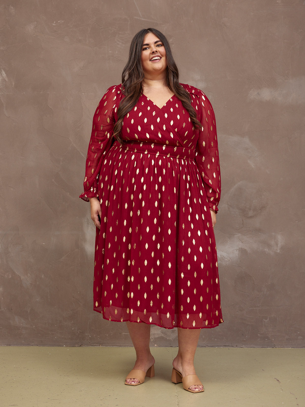 Isadora Wrap Front Jacquard Midi Dress Burgundy