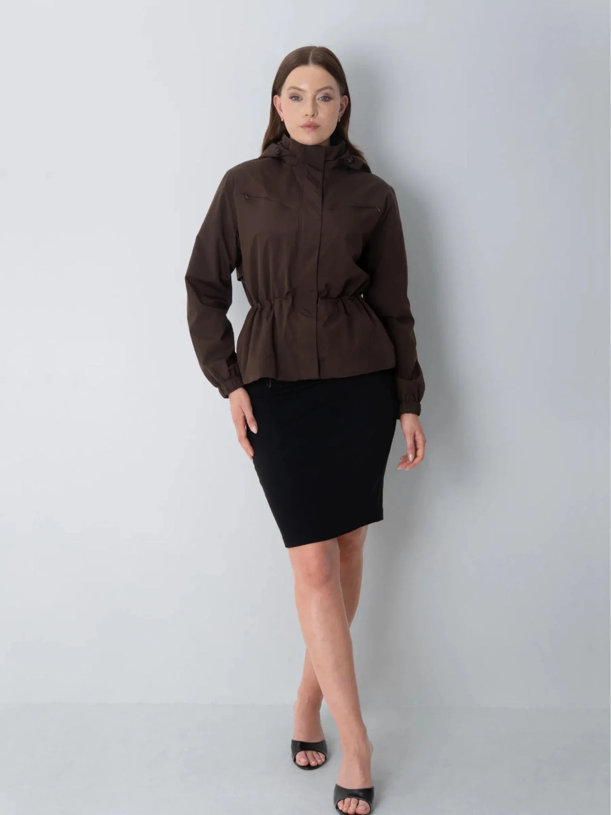 Isaure Drawstring Waist Hooded Rain Jacket – Mocha Brown