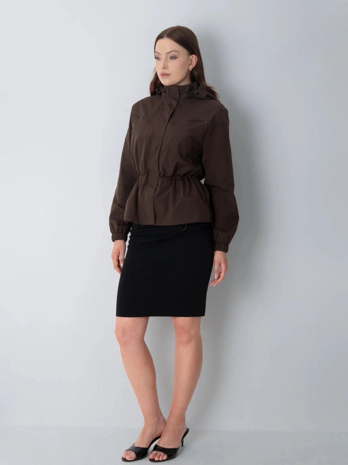 Isaure Drawstring Waist Hooded Rain Jacket – Mocha Brown