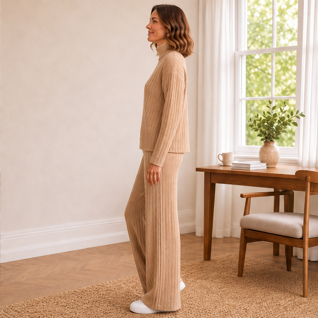 Isolde Ribbed Knit Lounge Set – Mock Neck Jumper and Wide-Leg Trousers