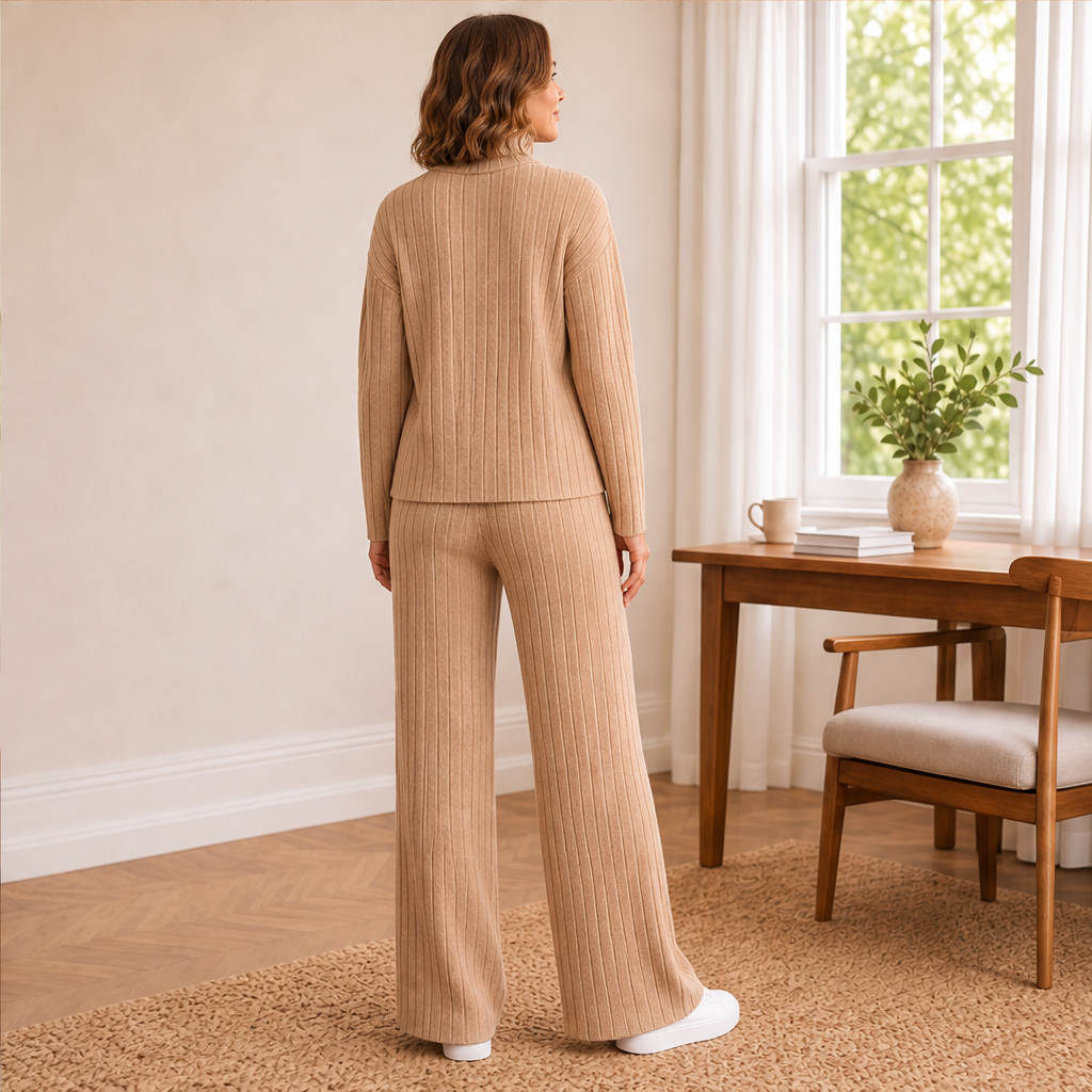 Isolde Ribbed Knit Lounge Set – Mock Neck Jumper and Wide-Leg Trousers
