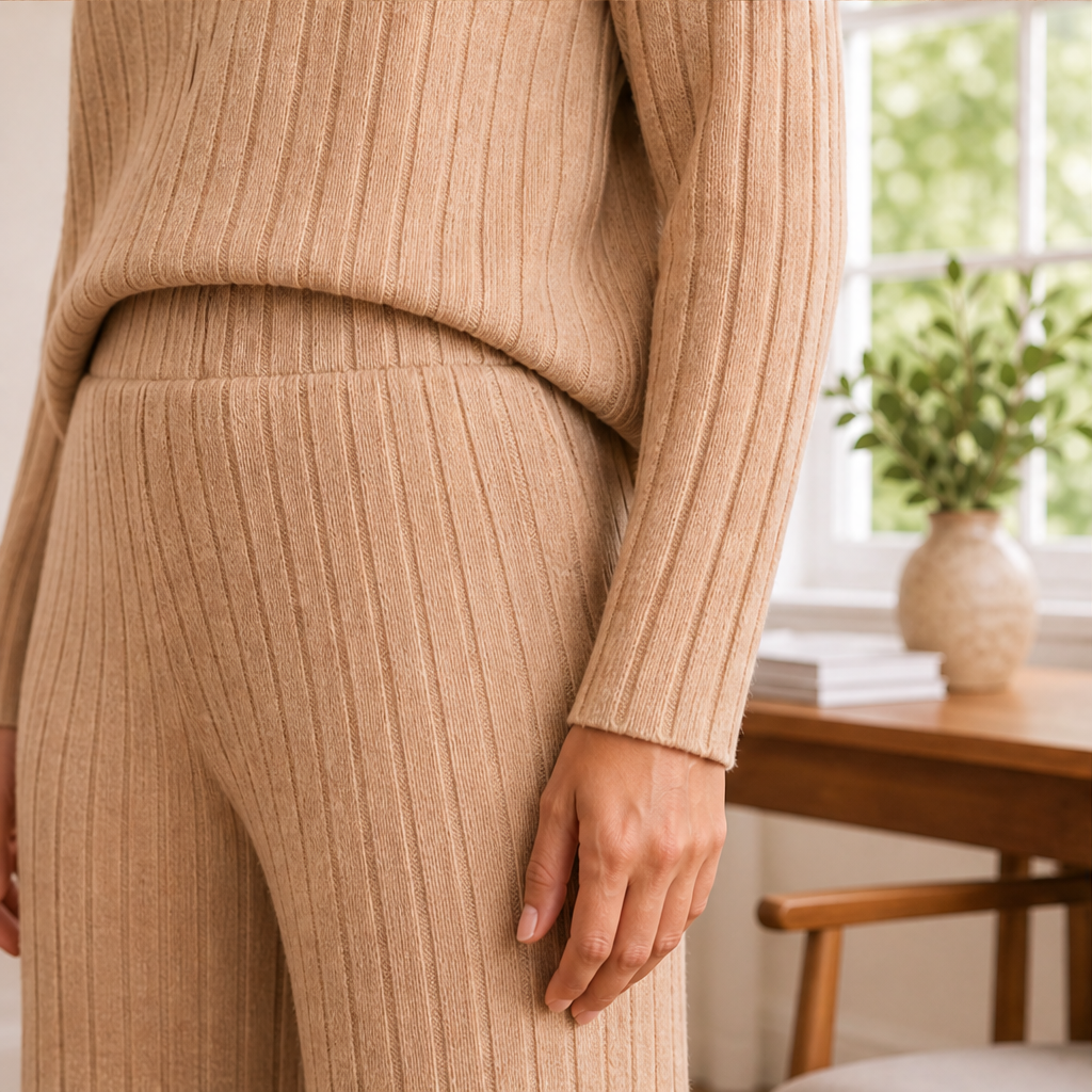 Isolde Ribbed Knit Lounge Set – Mock Neck Jumper and Wide-Leg Trousers