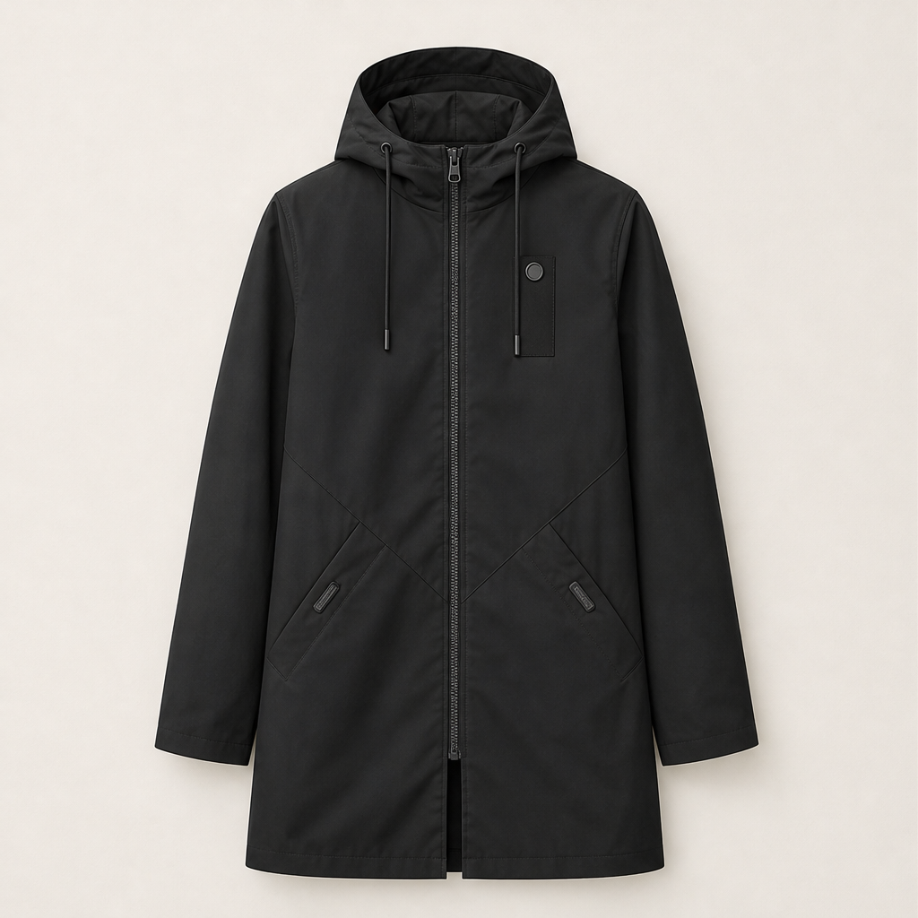 Dorvelli | Lakeside Longline Anorak Jacket – Drawstring Hood Full Zip – Black