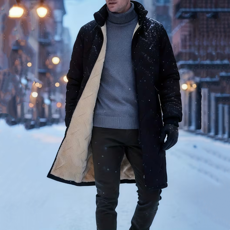 Lennart Stand Collar Padded Coat – Plush Lined Mid-Length Zip Pockets