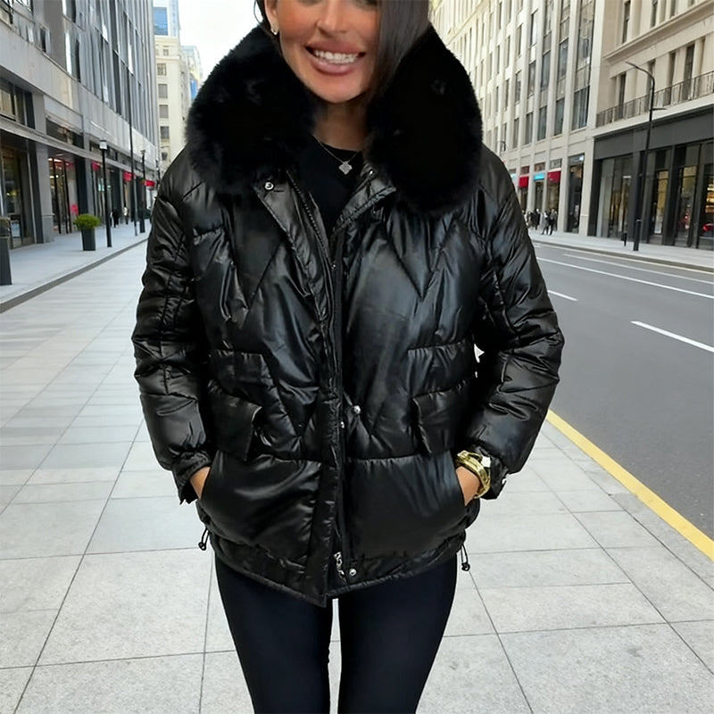 Liesel Plush Collar Quilted Puffer Jacket – Relaxed Fit Zip Front Long Sleeve