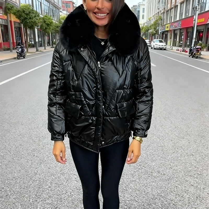 Liesel Plush Collar Quilted Puffer Jacket – Relaxed Fit Zip Front Long Sleeve