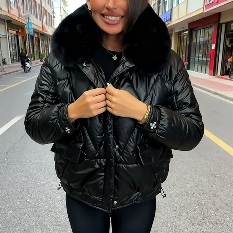 Liesel Plush Collar Quilted Puffer Jacket – Relaxed Fit Zip Front Long Sleeve