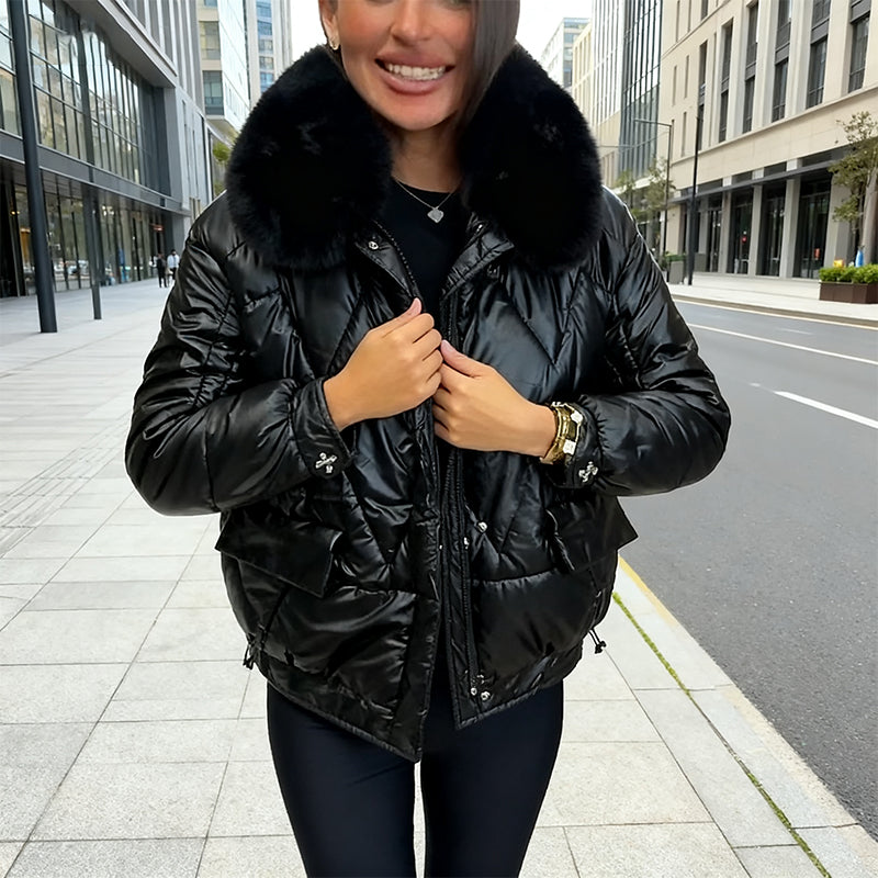 Liesel Plush Collar Quilted Puffer Jacket – Relaxed Fit Zip Front Long Sleeve