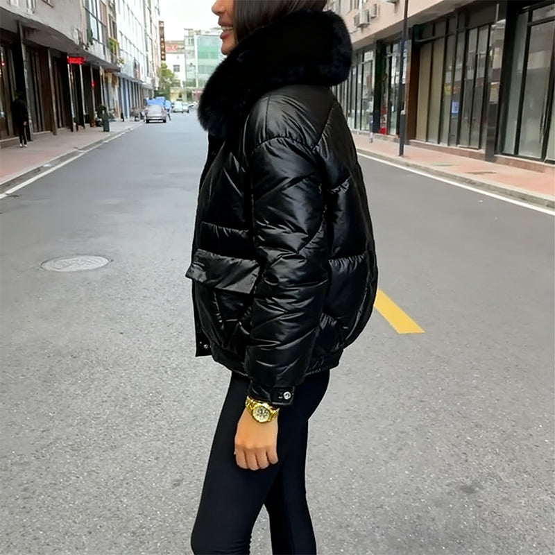 Liesel Plush Collar Quilted Puffer Jacket – Relaxed Fit Zip Front Long Sleeve