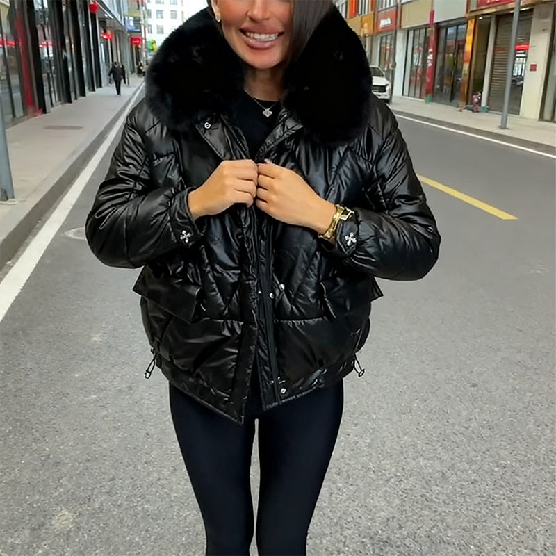 Liesel Plush Collar Quilted Puffer Jacket – Relaxed Fit Zip Front Long Sleeve