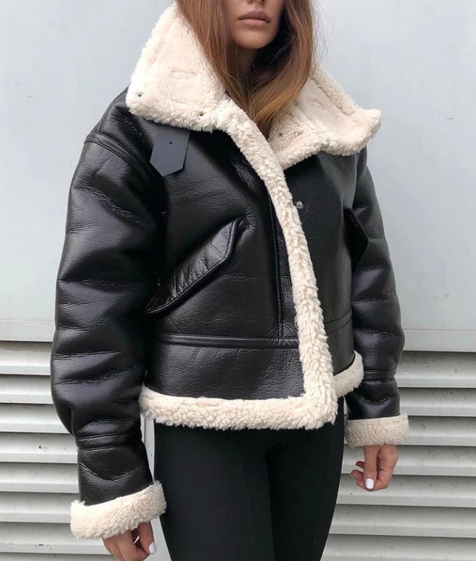 Liliane Contrast Faux Leather Bomber Jacket
