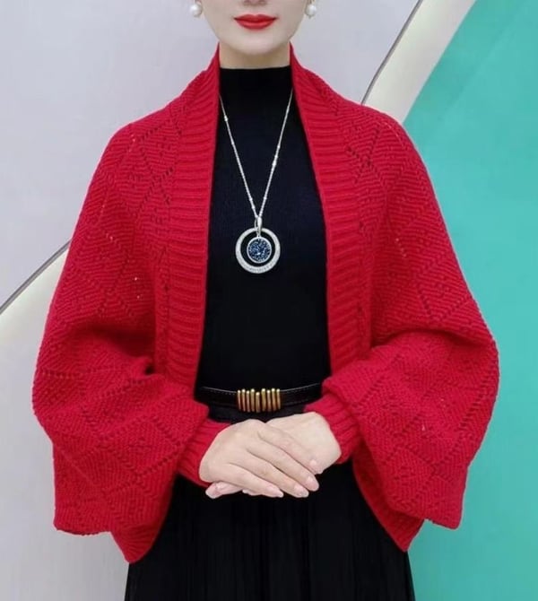 Liora Open-Front Shrug Cardigan – Pointelle Knit Batwing Sleeve Red