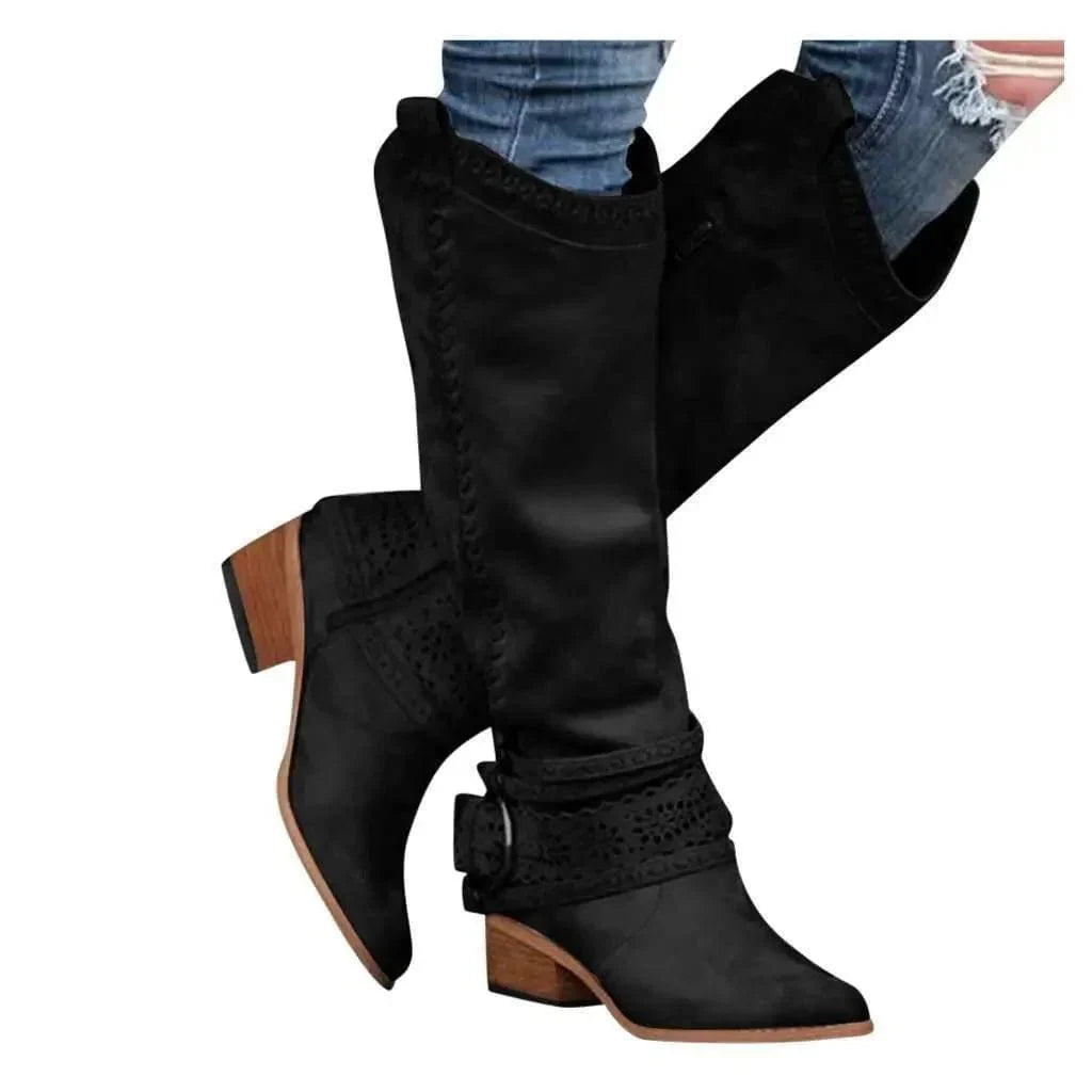 Dorvelli | Women’s Slouch Boots – Block Heel Buckle Knee-High