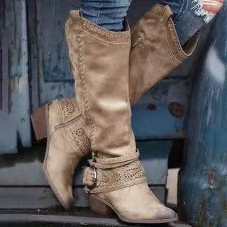 Dorvelli | Women’s Slouch Boots – Block Heel Buckle Knee-High