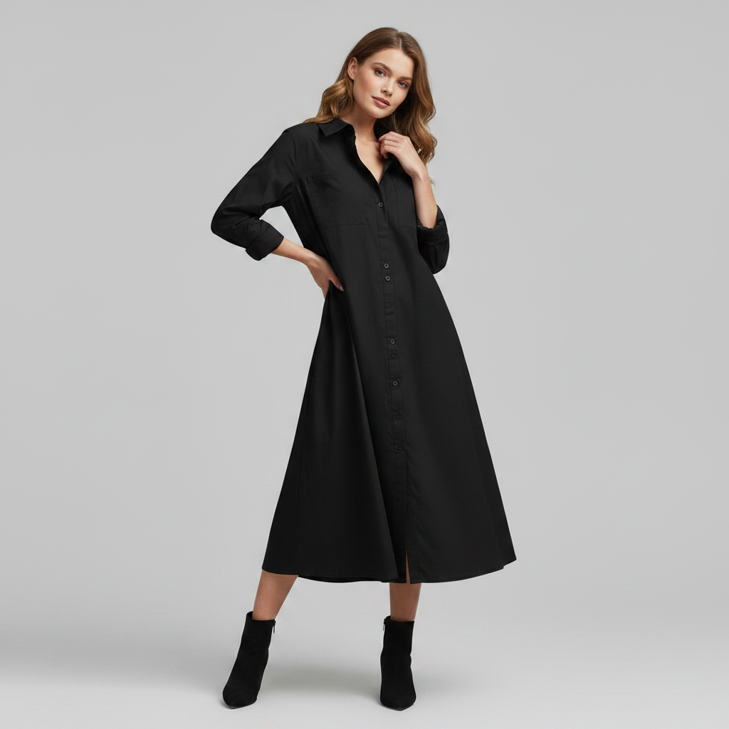 Lucette Shirt Dress – Collared Button-Front A-Line Side Pockets