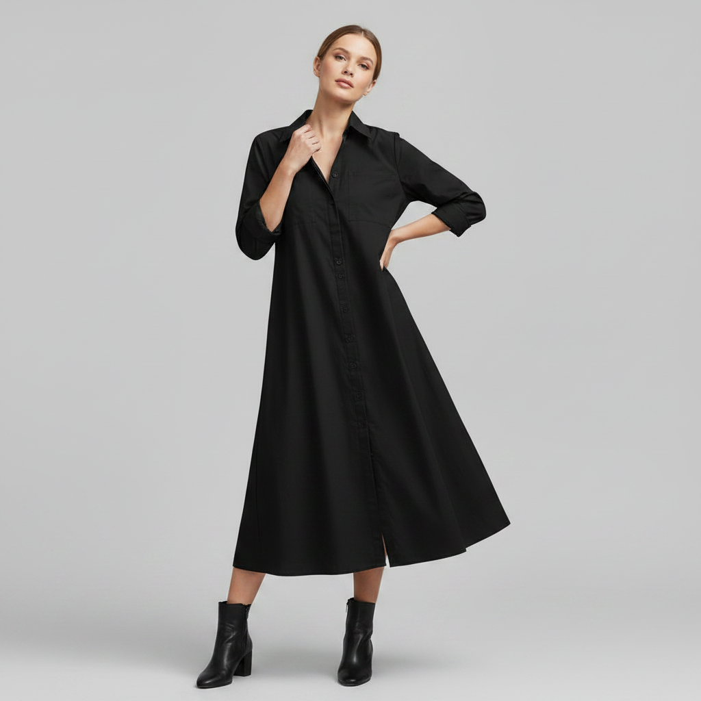Lucette Shirt Dress – Collared Button-Front A-Line Side Pockets