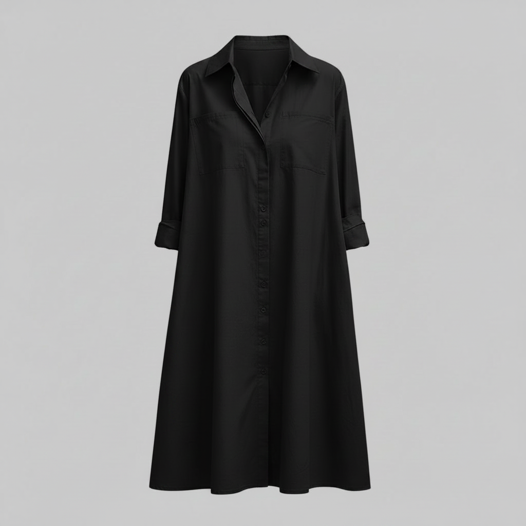 Lucette Shirt Dress – Collared Button-Front A-Line Side Pockets – Black