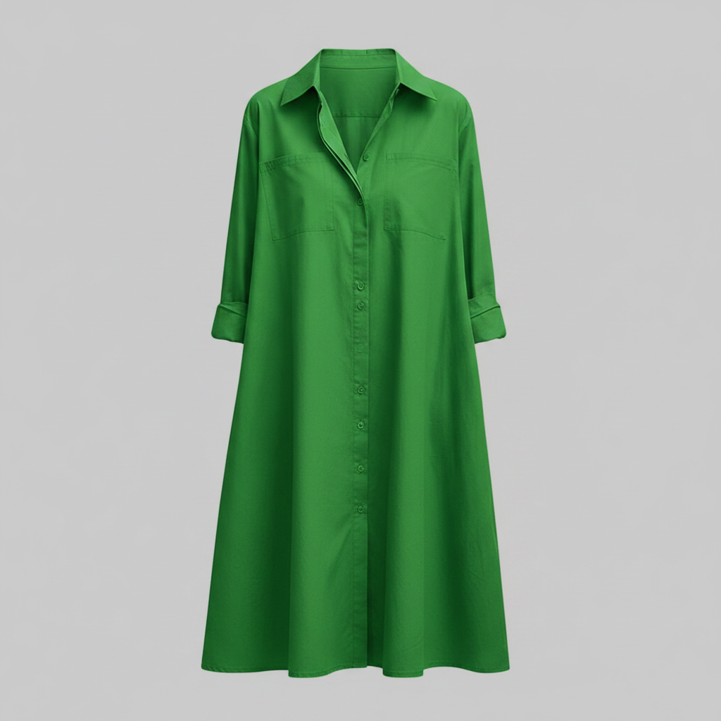 Lucette Shirt Dress – Collared Button-Front A-Line Side Pockets – Green
