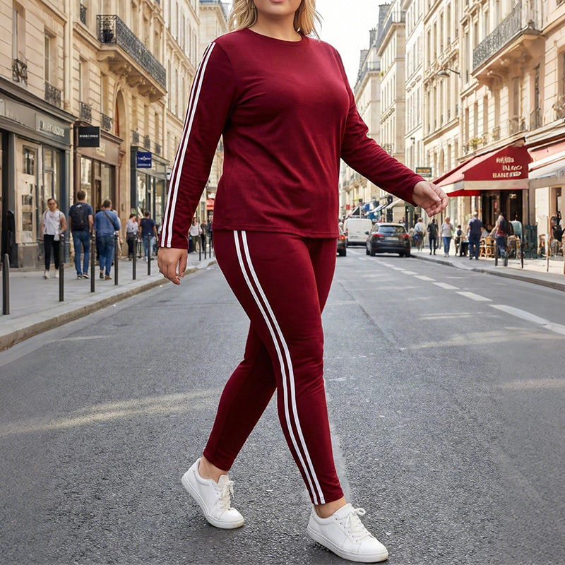 Lucienne Contrast Trim Tracksuit Set – Long Sleeve Two-Piece Lounge Co-ord – Burgundy White Trim