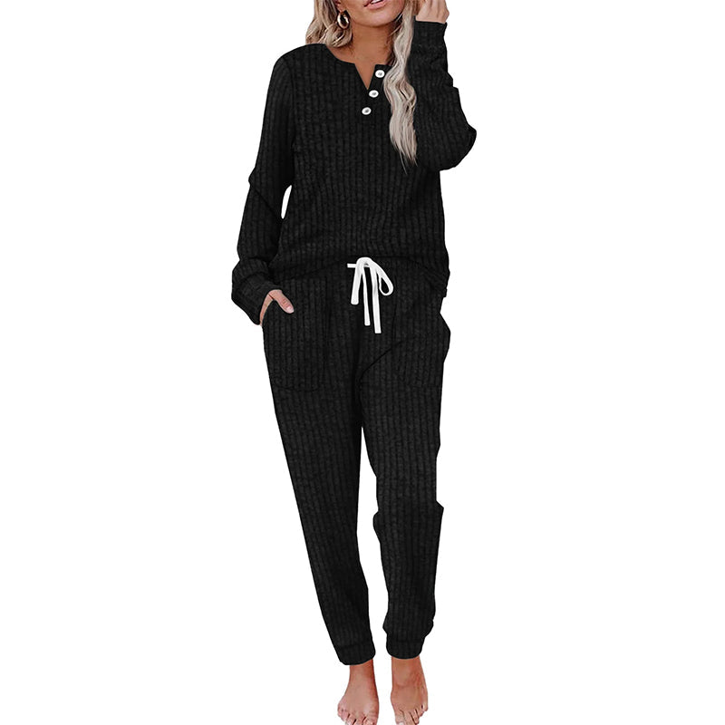 Maelle Ribbed Two-Piece Lounge Set Black