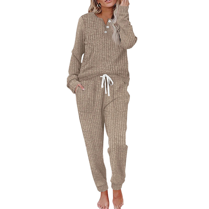Maelle Ribbed Two-Piece Lounge Set Khaki