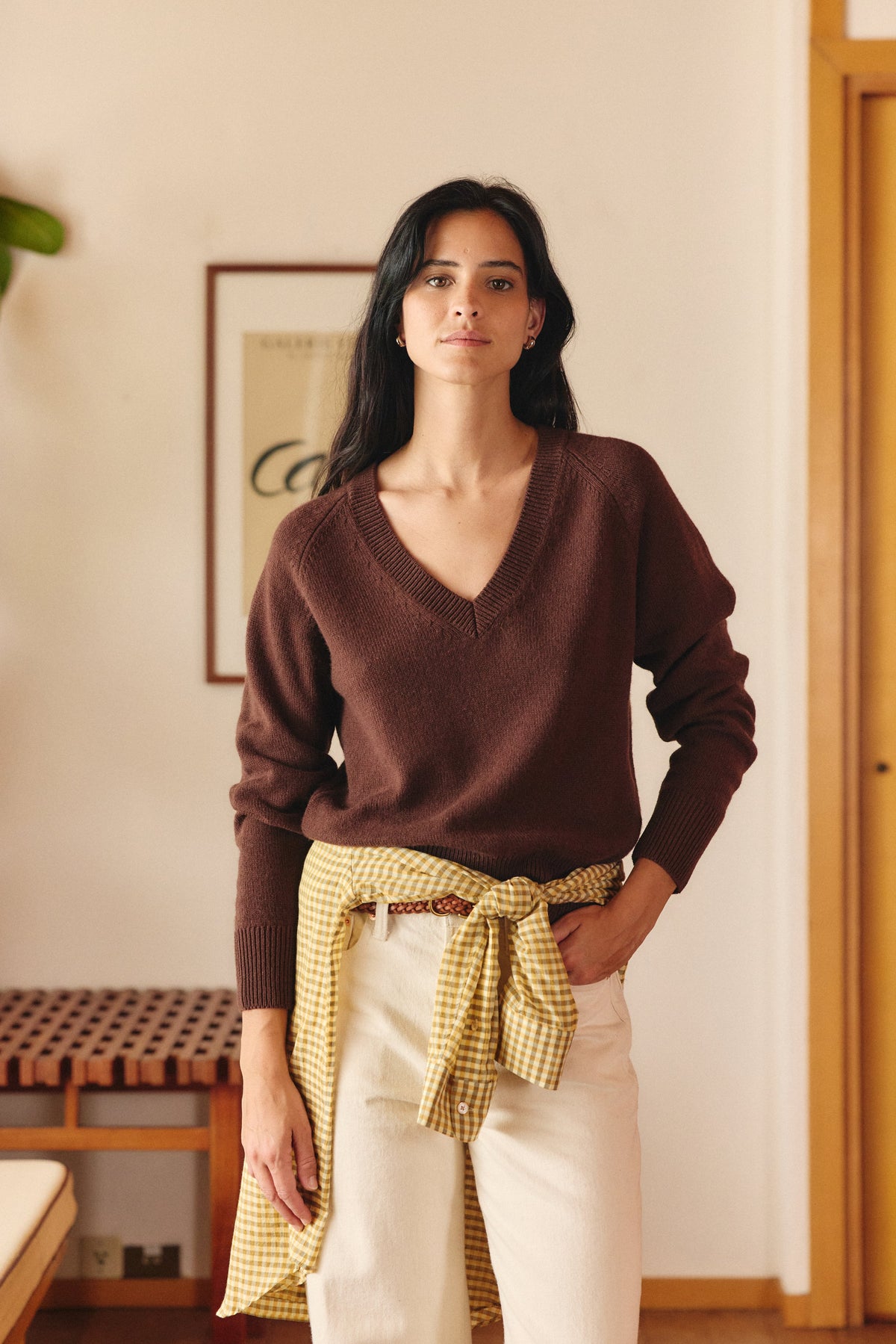 Maelys V-Neck Knit Jumper – Relaxed Fit Ribbed Trim Long Sleeve - Chocolate Brown