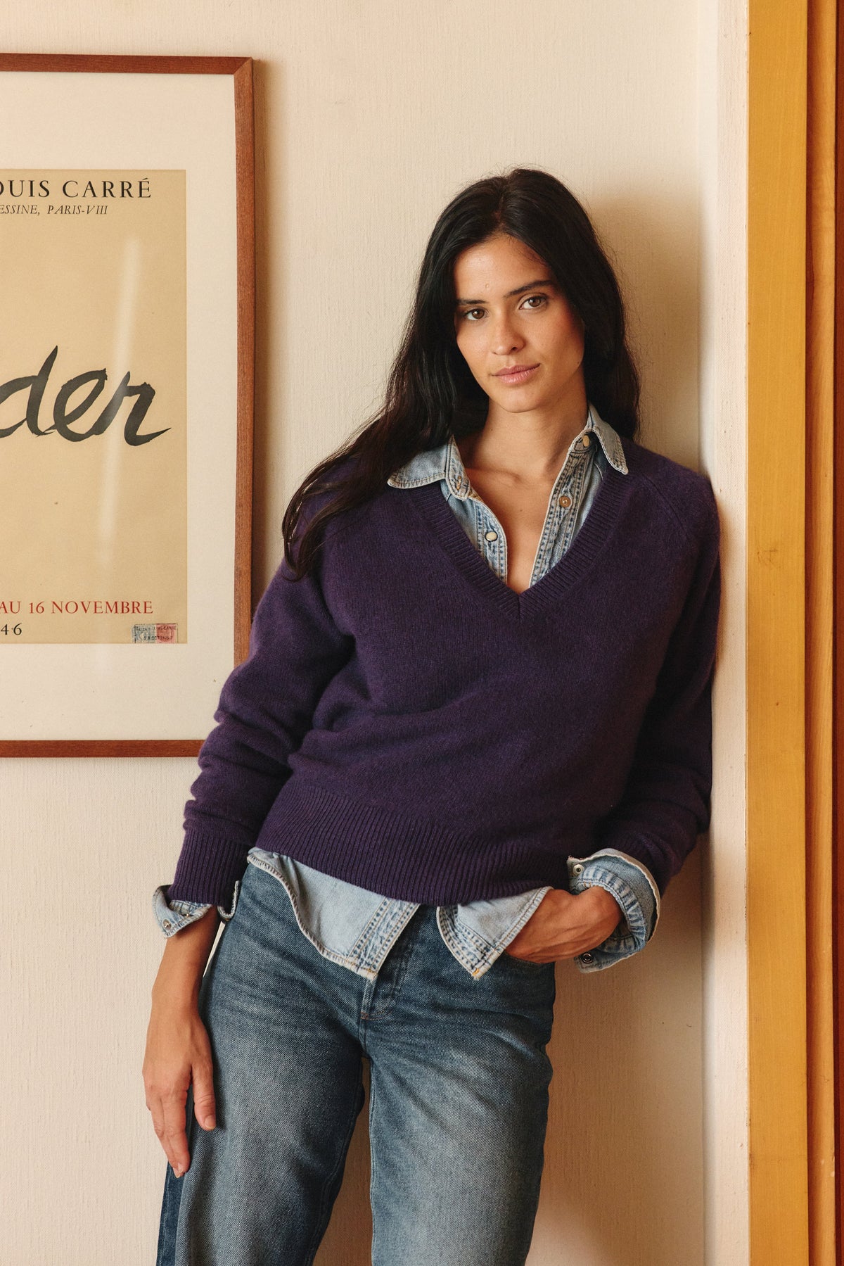 Maelys V-Neck Knit Jumper – Relaxed Fit Ribbed Trim Long Sleeve - Deep Purple