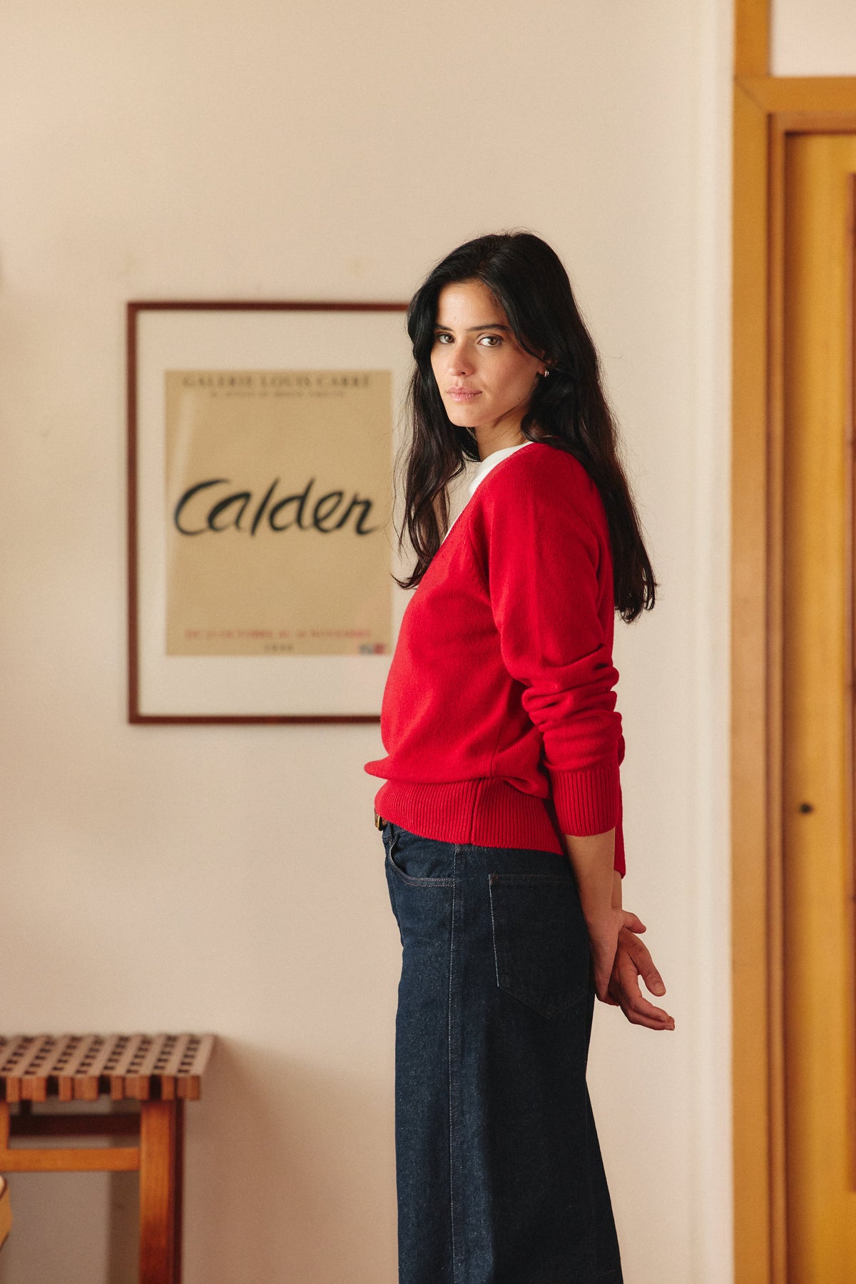 Maelys V-Neck Knit Jumper – Relaxed Fit Ribbed Trim Long Sleeve - Red