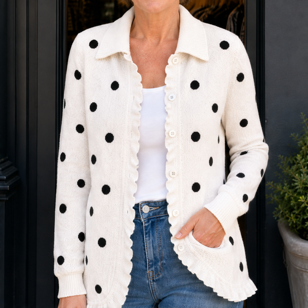 Maisie Polka Dot Cardigan – Collared Button Front Ruffle Trim Cream