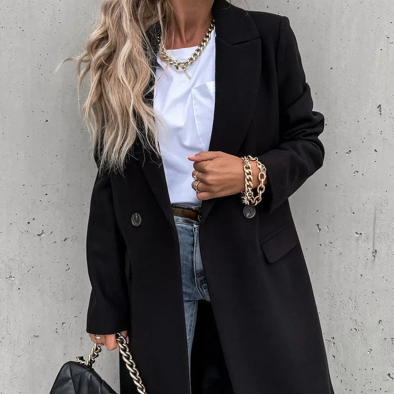 Margaux Notched Lapel Long Coat – Tailored Button Front Winter Overcoat