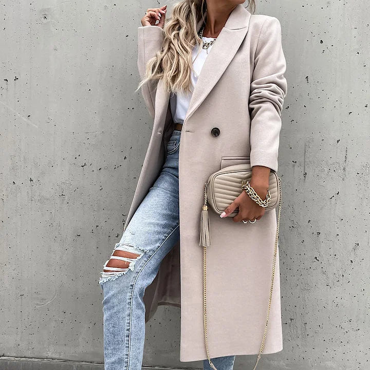 Margaux Notched Lapel Long Coat – Tailored Button Front Winter Overcoat – Beige