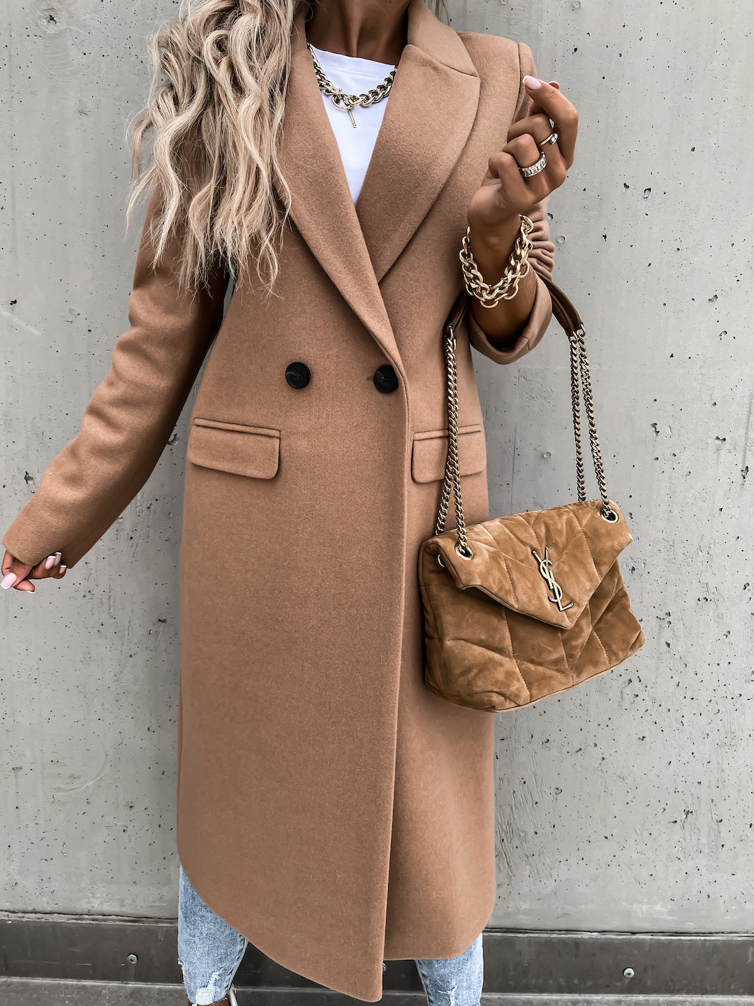 Margaux Notched Lapel Long Coat – Tailored Button Front Winter Overcoat – Brown