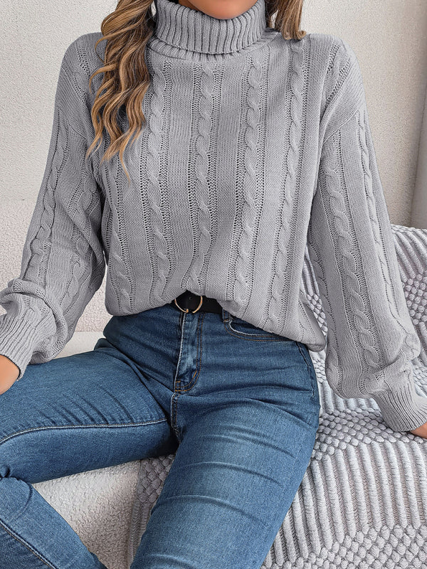 Mathilde Knit Cable Turtleneck Jumper – Lantern Sleeves Regular Fit Long Sleeve | Dorvelli