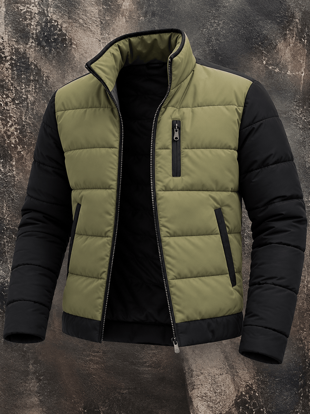 Matteo Colour-Block Puffer Jacket – Stand Collar Quilted Zip Front – Olive
