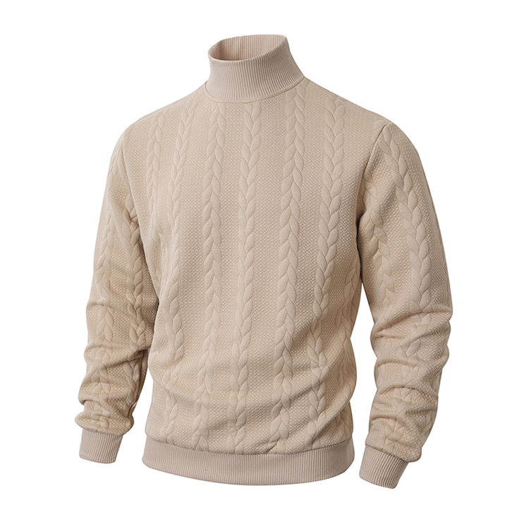 Matthias Mock Neck Jacquard Knit Jumper – Slim Fit Ribbed Cuffs Long Sleeve – Khaki