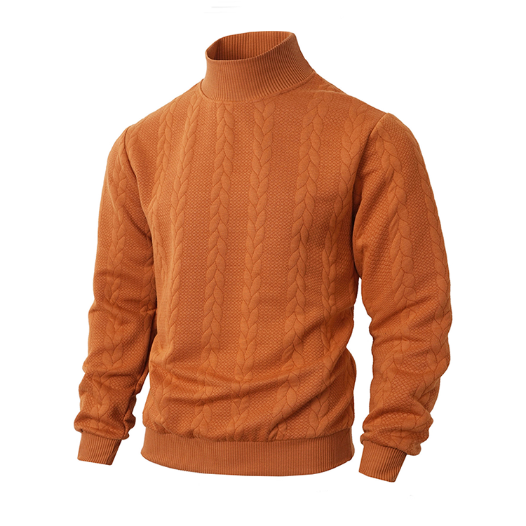Matthias Mock Neck Jacquard Knit Jumper – Slim Fit Ribbed Cuffs Long Sleeve – Orange