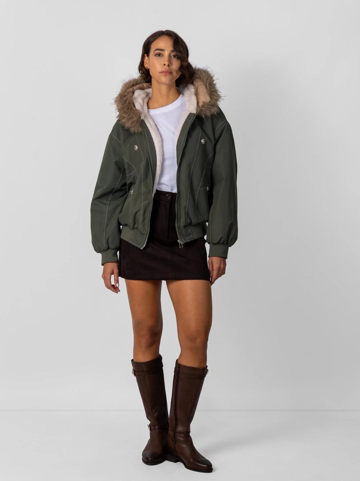 Melisande Plush Trim Hooded Bomber Jacket – Army Green