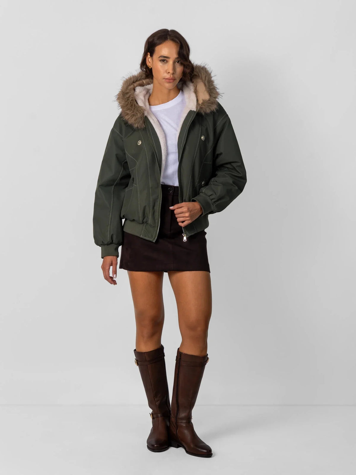 Melisande Plush Trim Hooded Bomber Jacket – Army Green