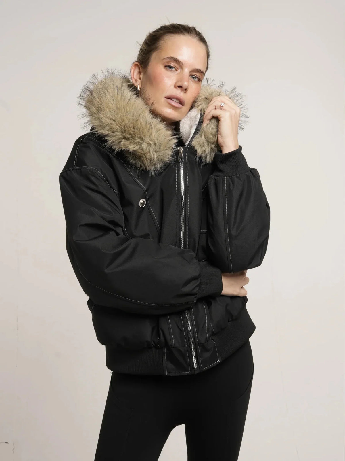 Melisande Plush Trim Hooded Bomber Jacket – Black