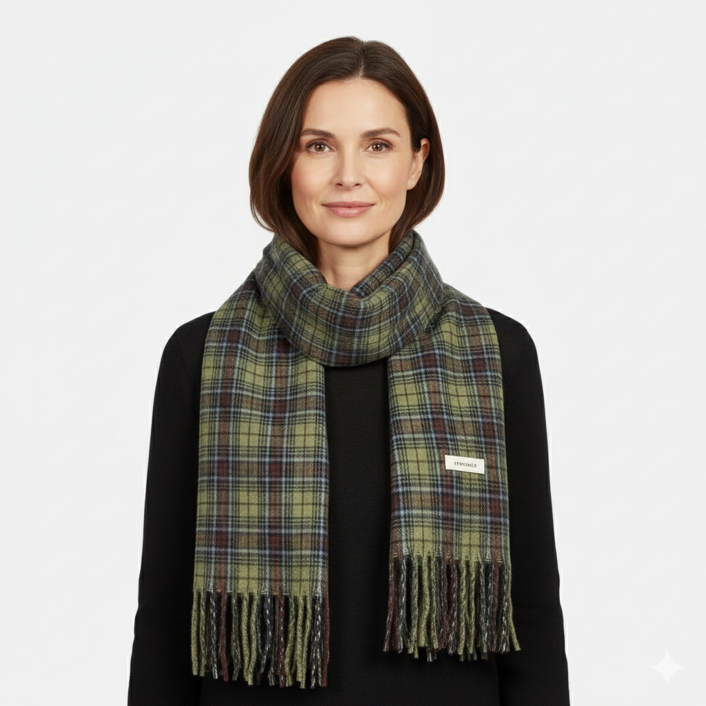 Dorvelli | Women’s Green Plaid Scarf – Soft Tassel Shawl Elegance