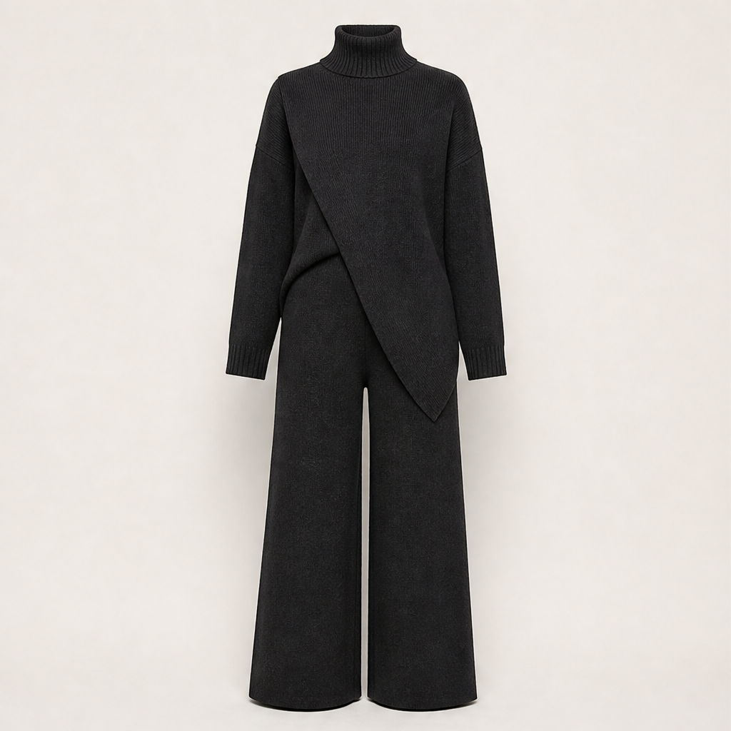 Noemi Asymmetric Knit Set – Turtleneck Wrap Top and Wide-Leg Trousers Black